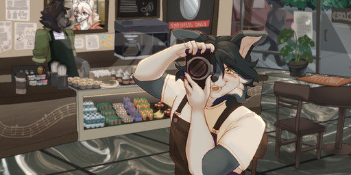 anthro apron beverage blush bottle cafe camera clothed clothing coffee coffee_shop container cup detailed_background female fur furniture group hair looking_at_viewer male shirt silhouette smile smiling_at_viewer topwear trio water_bottle sleepiepup eve_(sleepiepup) jonah_(sleepiepup) vinnie_(harvheadempty) canid canine canis dire_wolf domestic_dog mammal nordic_sled_dog prehistoric_species samoyed spitz wolf 2:1 digital_media_(artwork)