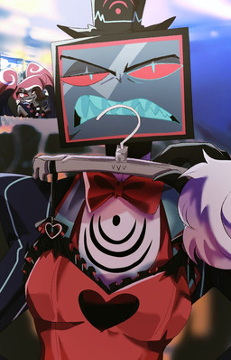 annoyed clothed clothing electronics female for_a_head group hat headgear headwear lingerie male not_furry screen screen_face sharp_teeth teeth television trio clnsg79 hazbin_hotel hellaverse valentino_(hazbin_hotel) velvette_(hazbin_hotel) vox_(hazbin_hotel) demon demon_humanoid humanoid object_head screen_head tv_head