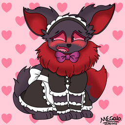 3_toes accessory black_body black_fur black_nose blush clothing cute_fangs dipstick_tail fangs feet female feral flustered front_view fur hair heart_background looking_away magenta_bowtie magenta_eyelids magenta_eyes maid_headdress maid_uniform markings neck_tuft open_mouth paws purple_sclera quadruped red_body red_fur red_inner_ear red_tail_tip simple_background sitting sitting_on_ground solo tail tail_markings teeth toes tongue tuft uniform meg4l0 nintendo pokemon healpony eevee generation_1_pokemon pokemon_(species) 1:1 hi_res