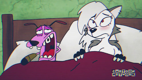 after_sex anthro bed bedding bedroom blanket blush breasts cigar cigarette crossover_pairing duo female fur furniture happy humor larger_female laugh looking_up lying lying_on_bed male male/female monster_girl_(genre) on_back on_bed open_mouth parody pink_body pink_fur pink_skin red_eyes size_difference smaller_male sound_warning spanky15 cartoon_network courage_the_cowardly_dog hellaverse helluva_boss courage_the_cowardly_dog_(character) loona_(helluva_boss) beagle canid canine canis domestic_dog hunting_dog mammal scent_hound wolf 16:9 2d_animation animated crossover frame_by_frame meme short_playtime sound video widescreen