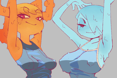 antlers big_breasts blue_body blue_hair blue_skin bodily_fluids breasts clothing duo eyelashes female hair hair_over_eye half-closed_eyes heart_eyes heart_symbol horn humanoid_hands narrowed_eyes not_furry one_eye_obstructed orange_body orange_hair orange_skin raised_arms red_eyes simple_background small_breasts smile sweat topwear ethercoffee cartoon_network the_amazing_world_of_gumball carrie_krueger penny_fitzgerald fairy ghost humanoid spirit digital_media_(artwork)