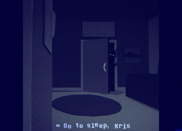 creepy dark first_person_view glowing glowing_eyes horn horror_(theme) inside living_room looking_at_viewer noise_filter text white_eyes conditional_dnp welwraith deltarune undertale_(series) dess_holiday deer mammal 2026 digital_drawing_(artwork) digital_media_(artwork) english_text hi_res