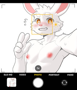anthro blush bodily_fluids camera_view eyebrows fur male nipples orange_eyes pink_nipples pink_nose solo sweat teeth text thick_eyebrows white_body white_fur yellow_eyes monamacro vtuber lagomorph leporid mammal rabbit english_text hi_res