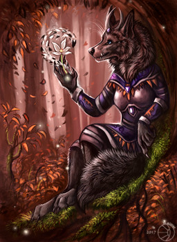 5_fingers amethyst_(gem) anthro barefoot biped black_body black_claws black_fur black_nose blue_eyes breasts brown_body brown_fur brown_pawpads claws clothed clothing curved_horn detailed_background detailed_fur digitigrade dipstick_tail fangs feet female fingers flower fluffy fluffy_tail forest fur gem grass grey_body grey_fur hindpaw horn leg_markings long_mouth looking_forward magic magic_user markings multicolored_tail nature neck_tuft no_sclera outside pawpads paws plant shadow side_view sitting smile snout socks_(marking) solo tail tail_markings teeth tree tuft whiskers white_flower wind flashw canid mammal werecanid werecreature 2017 character_request detailed digital_media_(artwork) hi_res