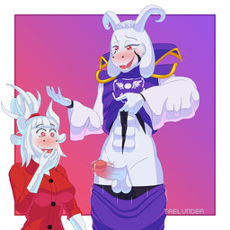 5_fingers anthro balls big_breasts black_sclera blush bodily_fluids breasts clothed clothing cum duo erection female fingers fur genital_fluids genitals hair horn kneeling long_ears male male/female open_mouth penis robe simple_background smile standing suit surprised white_body white_fur ningerion helltaker undertale undertale_(series) asriel_dreemurr_(god_form) goat_lucifer_(helltaker) boss_monster_(undertale) bovid caprine demon goat mammal 1:1 absurd_res cel_shading crossover digital_media_(artwork) hi_res shaded