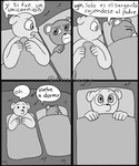 5_fingers anthro bedding biped blanket dialogue duo eyes_closed fingers humanoid_hands lying text axismarcy unicorn_wars azulin_(unicorn_wars) gordi_(unicorn_wars) bear mammal 2023 absurd_res comic hi_res monochrome spanish_text translated