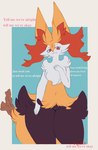 ambiguous_gender anthro biped black_body black_fur claws finger_claws fur huge_ears inner_ear_fluff pseudo_clothing red_body red_eyes red_fur simple_background solo stick tail text thick_thighs tuft white_body white_fur yellow_body yellow_fur sarifairy nintendo pokemon braixen generation_6_pokemon pokemon_(species) english_text hi_res