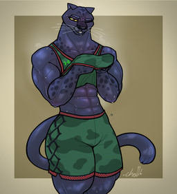 abs anthro basketball_shorts basketball_uniform black_body black_fur bodily_fluids clothing female flat_chested fur looking_at_viewer multicolored_body muscular muscular_anthro muscular_arms muscular_female musk solo sportswear sweat tail thick_thighs uniform whiskers gremlinchalk goat_(movie) sony_corporation sony_pictures under_armour jett_fillmore felid mammal pantherine absurd_res hi_res signature