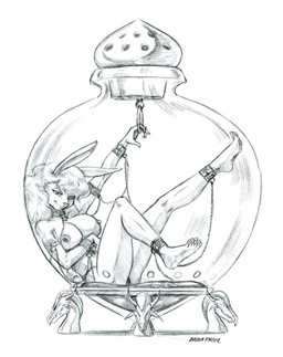 anthro big_breasts bound breasts chain chained clothed clothing collar container cork cuff_(restraint) female harem_outfit jar looking_at_viewer panties raised_arm raised_leg restraints simple_background solo topless underwear white_background baron_engel lagomorph leporid mammal rabbit graphite_(artwork) hi_res traditional_media_(artwork)