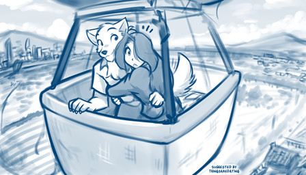 aircraft anthro balloon biped chest_tuft claws clothed clothed_anthro clothed_female clothed_human clothed_male clothing cloud duo female fingers fur hair hair_over_eye hot_air_balloon hug inflatable male mountain outside sky smile tail tail_motion tailwag tuft vehicle conditional_dnp tom_fischbach twokinds maren_taverndatter sythe_(twokinds) canid canine canis human keidran mammal wolf 2026 7:4 blue_and_white digital_drawing_(artwork) digital_media_(artwork) hi_res monochrome sketch
