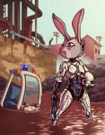 anthro armor clothed clothing cybernetic_body cybernetics detailed_background dipstick_ears ear_markings fur grey_body grey_fur holding_object machine multicolored_ears outside pink_nose purple_eyes solo standing vehicle dkirbyj disney robocop_(franchise) zootopia judy_hopps robocop cyborg lagomorph leporid mammal rabbit 2020 crossover hi_res