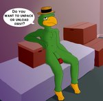 anthro bed box container dialogue furniture genitals looking_at_viewer male moving_boxes nude penis sitting solo text inprogress disney the_three_caballeros jose_carioca avian bird absurd_res english_text hi_res