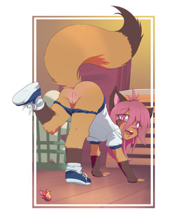 all_fours anthro ass_up athletic_wear bangs big_tail blush bottomwear bottomwear_down brown_body brown_fur brown_tail butt clothed clothing detailed_background dipstick_tail eye_through_hair eyebrow_through_hair eyebrows female fingerless_(marking) flat_chested fluffy fluffy_tail footwear fur genitals gloves_(marking) gym gym_uniform hair innie_vulva leg_markings loli long_bangs markings messy_hair multicolored_body multicolored_fur open_mouth orange_body orange_fur orange_tail partially_clothed pink_eyes pink_hair pink_nose raised_tail rear_view shirt shoes shorts shorts_down socks_(marking) solo tail tail_markings teeth tongue topwear translucent translucent_hair uniform vulva young young_anthro young_female reddishfox nikki_(nikkithetanuki) canid canine mammal raccoon_dog tanuki hi_res