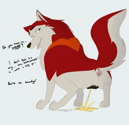 anatomically_correct anatomically_correct_genitalia anatomically_correct_vulva animal_genitalia animal_vulva anus being_watched blush bodily_fluids butt canine_genitalia canine_vulva dialogue female feral fur genital_fluids genitals hair kerchief looking_at_another looking_at_viewer neckerchief neckwear open_mouth peeing red_body red_fur simple_background solo tail text tongue urine urine_on_ground urine_stream vulva watersports white_body white_fur aurapuparts balto_(series) universal_studios jenna_(balto) canid canine canis domestic_dog husky mammal nordic_sled_dog spitz absurd_res digital_media_(artwork) english_text hi_res
