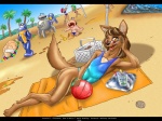 anthro basket beach beverage black_bars clothing container detailed_background dutch_angle eyewear female flat_chested food group hands_behind_head happy inner_ear_fluff lying machine on_side on_towel one-piece_swimsuit outside sand seaside sky solo_focus sunglasses swimwear tail towel tuft anthony_sarkasuo freefall_(webcomic) florence_ambrose helix_(freefall) sam_starfall bowman's_wolf canid canine canis human mammal red_wolf robot wolf 2004 4:3 letterbox