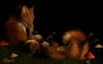 duo female feral fluffy fluffy_tail fungus grass kissing lying male male/female mushroom on_back plant sitting tail tail_between_legs upside_down_kiss sherwood canid canine fox mammal 2024 3d_(artwork) digital_media_(artwork) signature