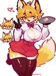 anthro bottomwear breasts cleavage clothed clothing female gesture hand_gesture legwear looking_at_viewer skirt smile smiling_at_viewer solo stockings tongue tongue_out v_sign waiter vivimiany jasmin_(jasminthemanticore) canid canine fox mammal hi_res