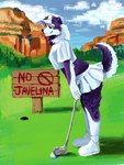 anthro bottomwear clothing female golf golf_club golf_course sign skirt solo sport text domesticatedmeatpig canid canine canis domestic_dog mammal english_text