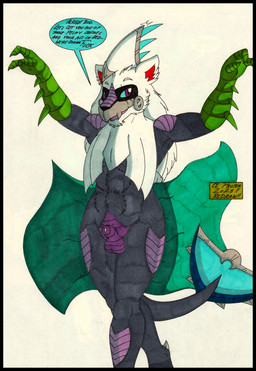 3_fingers animal_genitalia anthro athletic athletic_anthro athletic_male black_border black_eyeshadow blue_sclera bone_frill border claws cybernetic_implant dialogue eyeshadow fingers frill_(anatomy) fully_sheathed fur genitals green_body green_scales grey_body grey_fur hair looking_at_viewer makeup male membrane_(anatomy) multicolored_body nude open_mouth penis purple_body purple_eyes purple_scales red_inner_ear scales scar sheath simple_background smile solo tail text toned_belly toned_body toned_male tongue towel white_background white_body white_fur white_hair cougar_leon nintendo pokemon tesla_(cougar_leon) aquatic arthropod avian canid canine chimera generation_7_pokemon humanoid legendary_pokemon mammal pokemon_(species) silvally 2025 absurd_res artist_name english_text hi_res marker_(artwork) signature traditional_media_(artwork)