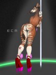 2023 anthro bent_over bluedraggy breasts butt clothing color_edit colored dated ear_piercing ecmajor female footwear genitals giraffid hi_res high_heels high_heels_only horizontal_pupils looking_at_viewer looking_back looking_back_at_viewer mammal mostly_nude okapi pasties piercing platform_footwear platform_heels pole pupils pussy solo standing stripper_pole tail tattoo third-party_edit tongue tongue_out tongue_piercing