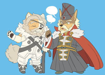 anthro beard brown_body brown_fur cape chibi clothing cosplay duo eye_patch eyewear facial_hair fur male mature_male military_uniform mustache robe uniform anaquariusart cyberconnect2 fuga:_melodies_of_steel little_tail_bronx solatorobo bruno_dondurma colonel_pretzel commander_merlot quebec_(solatorobo) canid canine caninu canis domestic_dog mammal 2025 hi_res