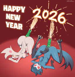 3_toes 4_arms anthro ass_up balls bedroom_eyes big_breasts big_butt breasts butt duo featureless_breasts feet fireworks genitals gynomorph holiday_message holidays intersex looking_at_viewer lying male multi_arm multi_limb narrowed_eyes object_in_ass on_back on_front penis seductive sparks spread_legs spreading text toes markmanez hazbin_hotel hellaverse helluva_boss new_year new_year_2026 angel_dust stolas_(helluva_boss) animal_humanoid arachnid arachnid_humanoid arthropod arthropod_humanoid avian bird demon humanoid owl owl_demon spider_humanoid english_text hi_res busty_boy_(lore)