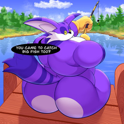 anthro big_butt black_nose butt cheek_tuft clothing dialogue facial_tuft fishing fishing_rod fur gloves gloves_only handwear handwear_only holding_fishing_rod holding_object looking_back male mostly_nude overweight overweight_anthro overweight_male purple_body purple_fur question_mark rear_view sitting solo speech_bubble tail text tuft yellow_clothing yellow_eyes yellow_gloves yellow_handwear bigbchevalier sega sonic_the_hedgehog_(series) big_the_cat domestic_cat felid feline felis mammal 1:1 2026 absurd_res digital_drawing_(artwork) digital_media_(artwork) english_description english_text hi_res