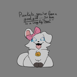 bell bell_collar blue_eyes bow_tie chest_tuft collar dialogue euphemism female female_feral feral front_view fur fur_tuft gloves_(marking) grey_background markings offscreen_character one_ear_up paws pet_praise praise pussy_tongue quadruped simple_background solo text tongue tongue_out tuft white_body white_fur mrmystery_guy pankata canid canine canis domestic_dog mammal 1:1 2026 digital_drawing_(artwork) digital_media_(artwork) english_text flat_colors tagme