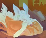 anthro ass_up comfy cozy female fluffy fluffy_tail fur hair hug hugging_object hugging_pillow intersex intersex/intersex long_ears lying nude on_front pillow relaxed_expression relaxing solo tail velannal anna_(velannal) deer mammal