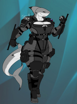 anthro armor badge belt big_breasts black_sclera boots breasts chevron_(marking) cleavage clothed clothing club_(weapon) countershading cutout equipment facial_piercing female fin flag footwear furgonomics gills gloves grey_body grey_eyes grey_skin handwear holster holstered_pistol jumpsuit knee_pads knife_sheath lip_piercing markings melee_weapon military_uniform muscular muscular_female nightstick non-mammal_breasts piercing police pouch_(clothing) russian_flag shirt shoes shoulder_pads simple_background smile solo standing t-shirt tactical_gear tail tattoo thick_thighs tight_clothing topwear uniform utility_belt weapon white_body wide_hips zipper ech0shark linkin_park spetsnaz anna_karharova aquatic fish shark digital_media_(artwork) hi_res