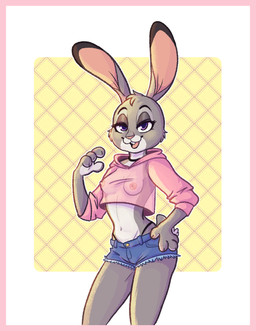 anthro border bottomwear breasts clothing denim denim_bottomwear denim_clothing denim_shorts exposed_belly female fur grey_body grey_fur handpaw hoodie panties paws pink_border pink_clothing pink_hoodie pink_topwear purple_eyes rabbit_ears scut_tail short_tail shorts small_breasts solo tail topwear translucent translucent_clothing underwear henryjanedoe disney zootopia judy_hopps european_rabbit lagomorph leporid mammal oryctolagus rabbit hi_res
