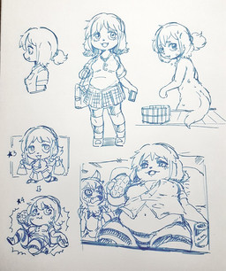 accessory bag bathing beverage black_nose bodily_fluids bottomwear bread can clothed clothing container fangs female floppy_ears fluffy_ears food hair_accessory hair_tie half-closed_eyes legwear looking_at_viewer looking_back narrowed_eyes navel nude open_mouth open_smile overweight overweight_female pattern_clothing pattern_legwear skirt slightly_chubby smile soda striped_clothing striped_legwear stripes sweat sweatdrop teeth wet oposa konomi_(oposa) canid canine canis domestic_dog mammal monochrome traditional_media_(artwork)