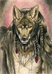 abstract_background anthro clothed clothing hair long_hair male pencil_(object) pigtails simple_background solo topless alectorfencer canid canine canis mammal wolf 2008 half-length_portrait portrait