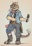 anthro clothed clothing digitigrade explosives footwear forked_tongue grenade kerchief male neckerchief neckwear rattle_(anatomy) simple_background solo standing tongue torn_clothing torn_footwear weapon rhaenjarr fallout microsoft canid canine hybrid mammal night_stalker_(fallout) pit_viper rattlesnake reptile scalie snake viper