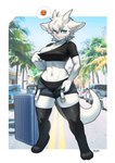 anthro black_bottomwear black_clothing black_topwear blush border bottomwear breasts building car cleavage clothed clothing crossgender detailed_background dick_pov digitigrade emoji female fur hair horn outside palm_tree plant shorts solo suitcase tail tongue tongue_out topwear tree underwear undressing vehicle white_body white_border white_fur white_hair pgm300 mythology dragontim_(character) dragon furred_dragon furred_scalie mythological_creature mythological_scalie scalie 2022 absurd_res digital_media_(artwork) hi_res shaded signature