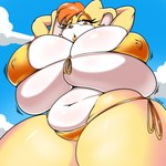 anthro areola areola_slip big_areola big_breasts bikini blue_sky breast_squish breasts brown_nose clothing cloud countershading ears_back ears_down eyelashes female fur hair hands_behind_head huge_areola huge_breasts lips lipstick long_ears low-angle_view makeup narrowed_eyes navel nipple_outline orange_hair outside pink_inner_ear pivoted_ears pupils short_hair sky slightly_chubby slightly_chubby_female solo squish swimwear tan_body tan_ears tan_fur text tight_clothing two-piece_swimsuit white_body white_countershading white_fur worm's-eye_view yellow_lips yellow_lipstick conditional_dnp digitaldomain123 golden_week sega sonic_the_hedgehog_(series) vanilla_the_rabbit lagomorph leporid mammal rabbit 2025 absurd_res artist_name hi_res signature