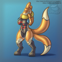 2_tails anthro anthrofied big_breasts blue_background bound breasts clothing digitigrade encasement female flotation_sac full_body_suit gradient_background latex latex_clothing latex_skinsuit mitten_hands multi_tail null_face pokemorph shadow simple_background skinsuit solo tail text tight_clothing posexe nintendo pokemon buizel generation_4_pokemon libredrone living_latex pokemon_(species) 1:1 2021 hi_res url watermark