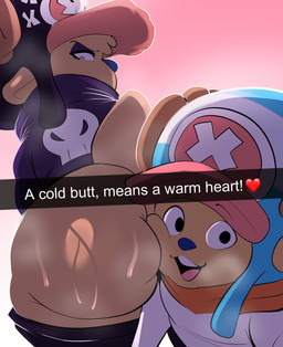 anthro big_butt bodily_fluids bone butt butt_squish clothing duo face_on_butt huge_butt jacket male male/male selfie shortstack shortstack_male skull smile squish sweat tail text topwear wide_hips doeswhatever one_piece snapchat goth_chopper_(nathanatwar) tony_tony_chopper deer mammal new_world_deer reindeer english_text hi_res