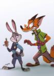 anthro carrot_pen clothing duo female male police police_uniform simple_background smile teeth uniform white_background juneduck21 disney zootopia judy_hopps nick_wilde canid canine fox lagomorph leporid mammal rabbit hi_res