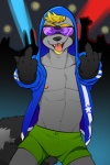 anthro beard black_nose blonde_hair clothing eyewear facial_hair gesture glasses goatee group hair hand_gesture male middle_finger nipples solo_focus tongue vasuki carper_(vasuki) mammal procyonid raccoon