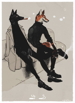 anthro black_body black_fur bubble_pipe cigarette clothed clothing duo fluffy fluffy_tail footwear fur furniture jacket kemono looking_at_viewer male male/male pointy_ears red_body red_fur shoes slim slim_anthro slim_male smoking sofa sweater tail topwear turtleneck nagabe canid canine fox mammal 2021 hi_res signature