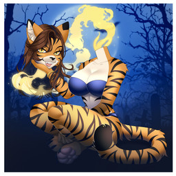 anthro black_ear_tips black_stripes border bra bracelet breasts brown_hair clothing countershading detachable detachable_head dipstick_ears ear_markings fangs female flaming_neck full_moon gold_(metal) gold_jewelry hair headless holding_head holding_own_head jewelry magic markings modular moon multicolored_ears night open_mouth open_smile orange_body outside panties pawpads purple_bra purple_clothing purple_panties purple_underwear sitting smile smiling_at_viewer solo stripes tan_body tan_countershading teeth underwear white_border kordarin european_mythology irish_mythology mythology tori_taxel dullahan felid mammal pantherine tiger 1:1 2025 absurd_res hi_res