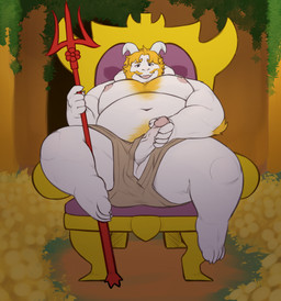 2_horns 5_fingers anthro balls beard belly_hair blonde_beard blonde_eyebrows blonde_facial_hair blonde_hair body_hair chair chest_hair erection eyebrows facial_hair fingers flower front_view fur furniture genitals glans hair holding_melee_weapon holding_object holding_polearm holding_trident holding_weapon horn long_ears male masturbation mature_anthro mature_male melee_weapon moobs navel nipples on_chair open_mouth overweight overweight_anthro overweight_male penile penile_masturbation penis pink_nipples plant polearm sitting sitting_on_chair sitting_on_throne solo throne trident weapon white_body white_fur justshu undertale_(series) asgore_dreemurr boss_monster_(undertale) bovid caprine goat mammal 2025 absurd_res english_description hi_res