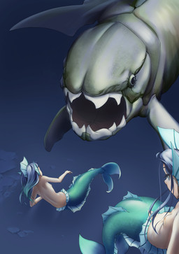 bangs bare_back bare_shoulders barely_visible_genitalia black_hair breasts female feral fin genitals gradient_hair green_eyes group hair hair_between_eyes head_fin loli long_hair looking_away mixed-language_commentary monster_girl_(genre) multicolored_hair navel nipples nude sea shoulder_blades sidelocks split_form trio underwater vulva water young c.t_(yoyo860222) aquatic dunkleosteus fish merfolk placoderm prehistoric_species absurd_res digital_media_(artwork) hi_res shaded