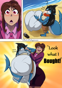 after_vore anthro beach belly big_belly black_hair blue_body blush clothing feet female female_pred group hair overweight pupils purple_clothing question_mark slit_pupils soles tail text toes trio vore thefudgeman aquatic fish human mammal shark 2026 absurd_res comic english_text hi_res