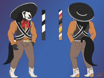 anthro bandolier belt black_body black_fur black_hair bone boots bottomwear bullet clothed clothed_anthro clothed_male clothing color_swatch cowboy_boots facial_hair fangs footwear fur glowing glowing_eyes goatee gradient_background hair hat headgear headwear kerchief long_hair male mustache neckerchief neckwear pants pistol_holster sharp_teeth shoes simple_background skull skull_head solo sombrero teeth topwear vest irc_(artist) death_(personification) grim_reaper equid equine horse mammal undead absurd_res hi_res model_sheet signature