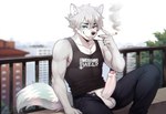 anthro bottomwear cigarette clothing erection facial_piercing foreskin genitals humanoid_genitalia humanoid_penis lip_piercing male muscular pants penis piercing solo lukiro akaro_(lukiro) canid canine canis hybrid mammal procyonid raccoon wolf hi_res