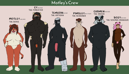 ambiguous_gender anthro breasts flaccid genitals group gynomorph intersex male nude null penis prosthetic prosthetic_foot scar text vulva zerokyu3 motley's_crew carmen_(motley's_crew) cy_(motley's_crew) motley_(motley's_crew) pimsley_(motley's_crew) rozy_(motley's_crew) temujin_(motley's_crew) badger greater_grison grison gulonine ictonychine least_weasel mammal mustelid musteline otter polecat_(mustelid) river_otter true_musteline weasel wolverine english_text hi_res model_sheet herm_(lore) trans_(lore) trans_woman_(lore)