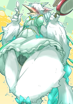 accessory accident anthro apron beak blush blush_lines bodily_fluids clothed clothing desperation embarrassed female fur genital_fluids hair hair_over_eyes kemono machine omorashi open_mouth pawpads peeing ribbons simple_background solo urine wetting white_body white_fur mttbsmn animatronic dragonewt robot absurd_res digital_media_(artwork) hi_res