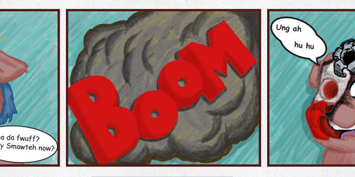 ambiguous_feral ambiguous_gender baby_talk blood blue_background blue_eyes blue_hair bodily_fluids body_horror bone brown_body brown_fur cannon dialogue empty_eye_socket explosion feral fire fur gore hair humor open_mouth pain pained_expression pun quadruped ranged_weapon simple_background skinless skull smoke solo suffering text weapon what young young_ambiguous young_feral wetfluff fluffy_pony fluffy_pony_(species) mammal comic digital_drawing_(artwork) digital_media_(artwork) english_text hi_res long_image shaded signature wide_image